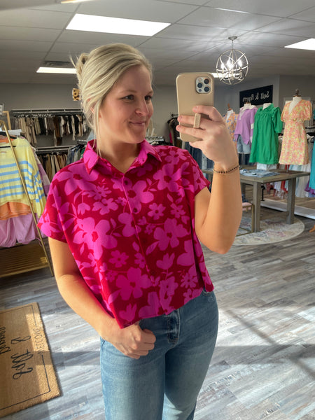 Floral Collared Button Up Top - Red/Fuchsia