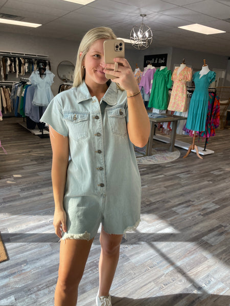 Distressed Denim Romper - Light Wash