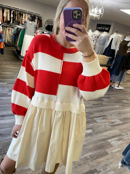 Striped Sweater Twofer Dress - Red/Ivory