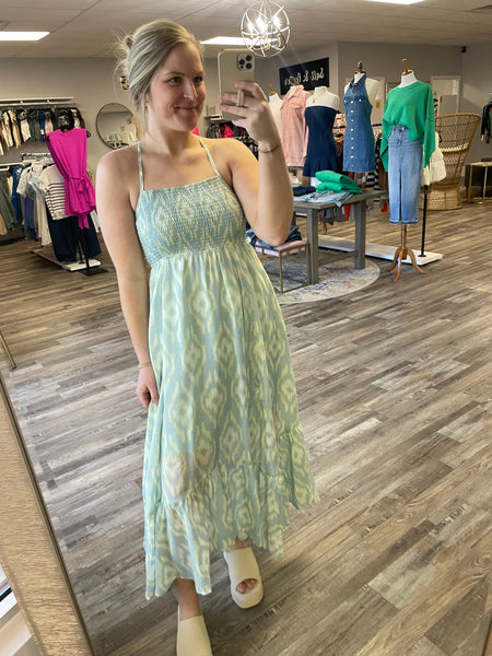 Abstract Print Midi Dress - Sage/Lemon