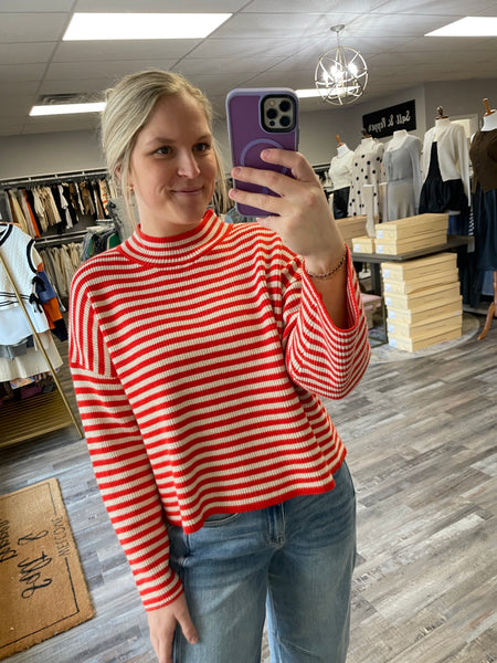 Striped Knit Sweater - Tomato