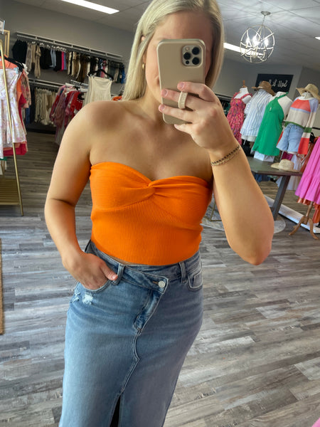 Rib Twist Knot Bandeau Top - Orange
