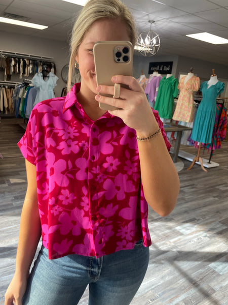 Floral Collared Button Up Top - Red/Fuchsia