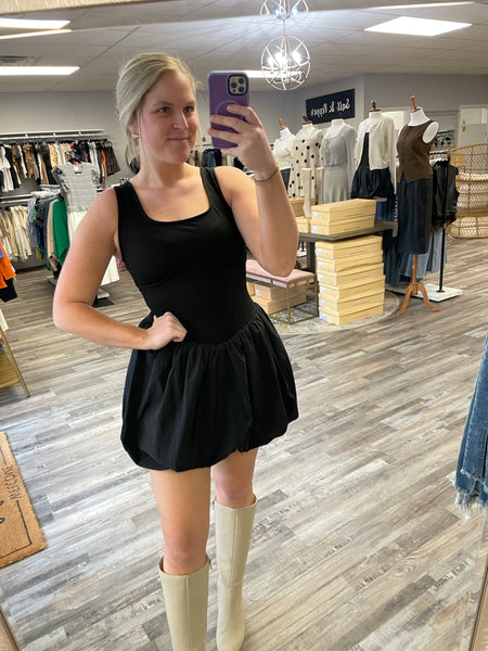 Bubble Hem Mini Dress - Black