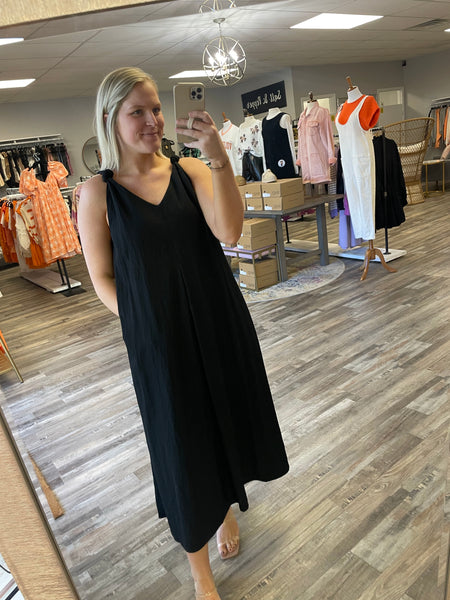 Shoulder Twisted Midi Dress - Black
