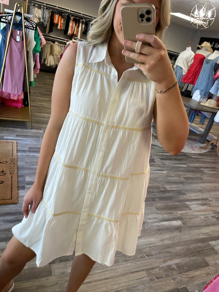 Tiered Trim Detail Collared Dress - White/Tan