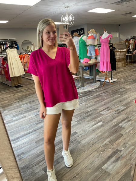 V-Neck Woven Top - Magenta