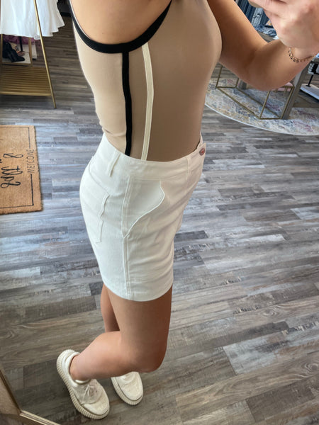 Line Detail Round Neck Bodysuit - Taupe