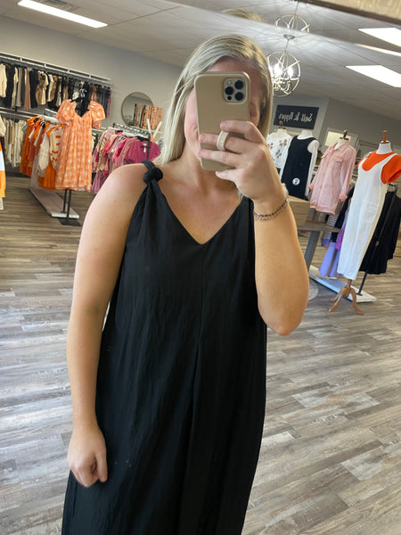 Shoulder Twisted Midi Dress - Black