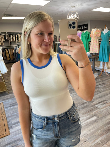 Round Neck Ribbed Color Block Bodysuit - White/Blue