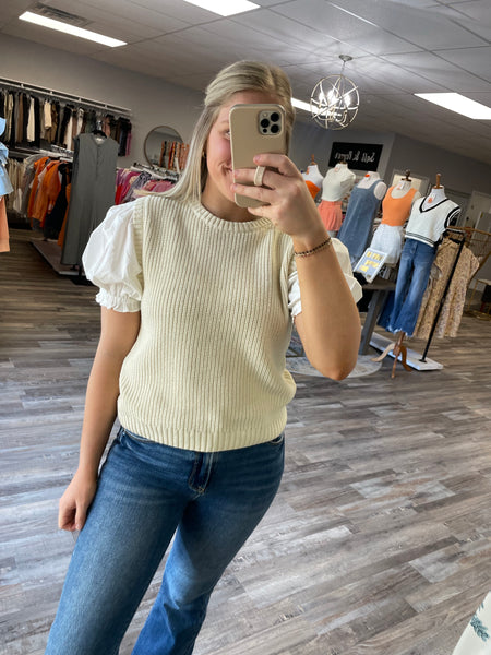 Twofer Puff Sleeve Sweater Blouse - Taupe/Ivory