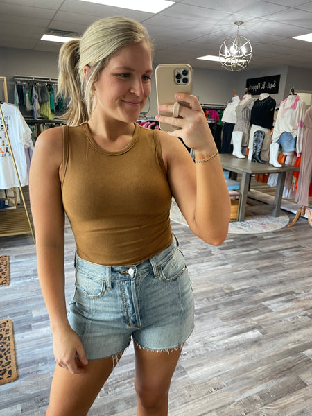 Round Neck Washed Bodysuit - Camel