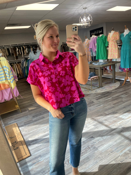 Floral Collared Button Up Top - Red/Fuchsia