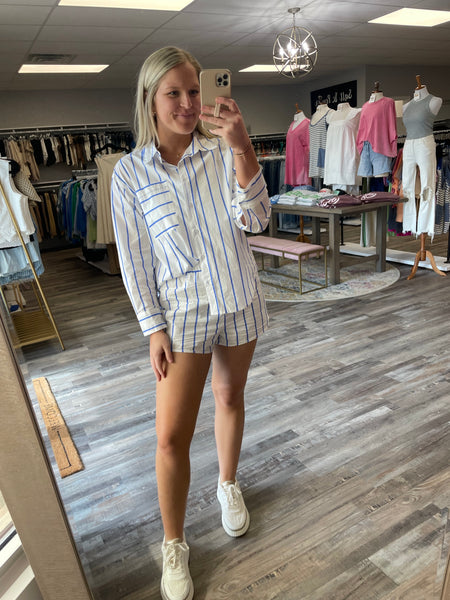 Striped Poplin Shorts - White/Blue