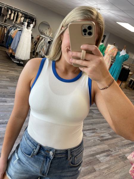 Round Neck Ribbed Color Block Bodysuit - White/Blue