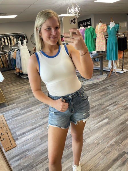 Round Neck Ribbed Color Block Bodysuit - White/Blue