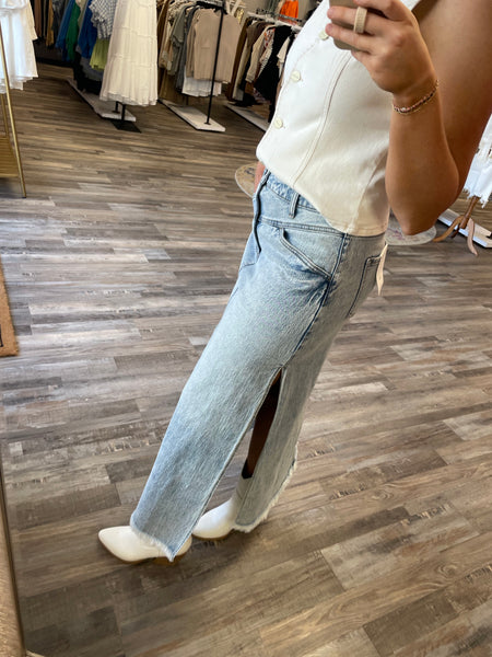 Mid Rise Front Flap Midi Skirt - Light Denim