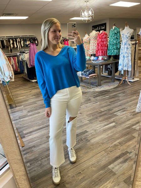 V-Neck Seam Detail Sweater - Azure Blue
