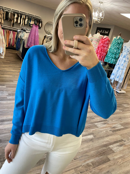 V-Neck Seam Detail Sweater - Azure Blue
