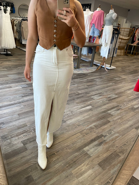 Front Slit Midi Denim Skirt - White