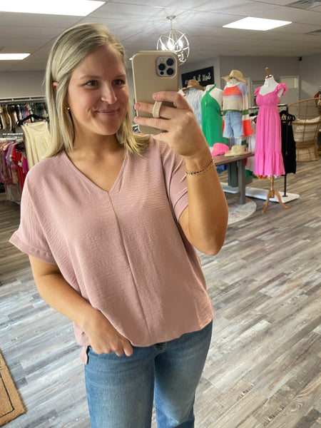 V-Neck Woven Top - Rose Wood