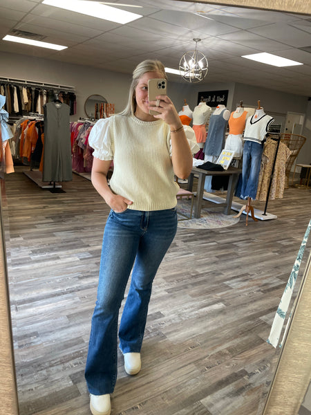 Twofer Puff Sleeve Sweater Blouse - Taupe/Ivory