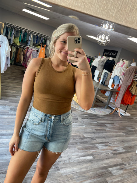 Round Neck Washed Bodysuit - Camel