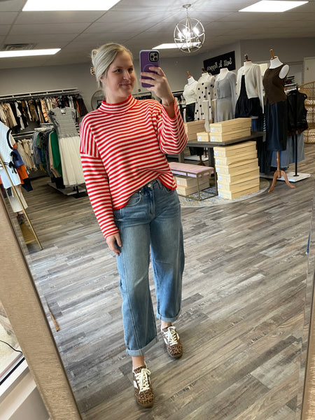 Striped Knit Sweater - Tomato