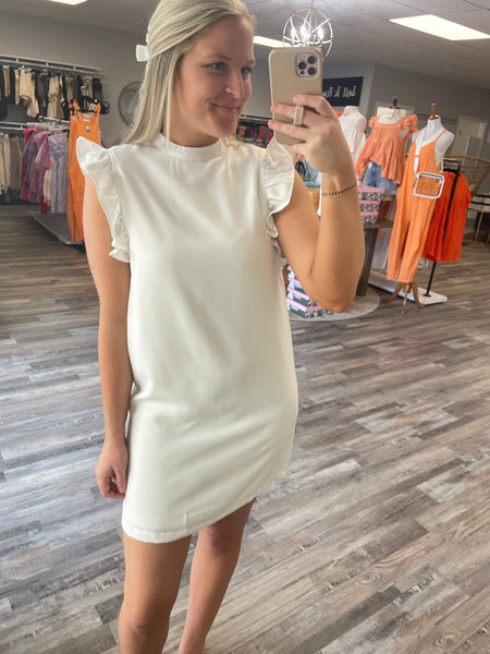 High Neck Ruffle Sleeve Dress - White