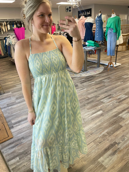 Abstract Print Midi Dress - Sage/Lemon