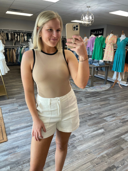 Line Detail Round Neck Bodysuit - Taupe