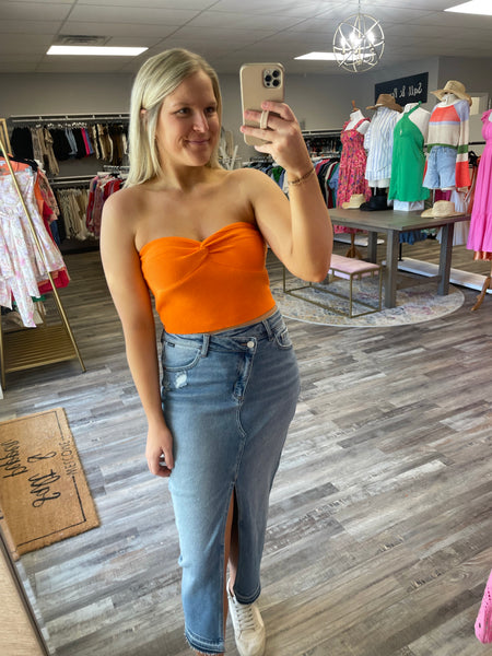 Rib Twist Knot Bandeau Top - Orange
