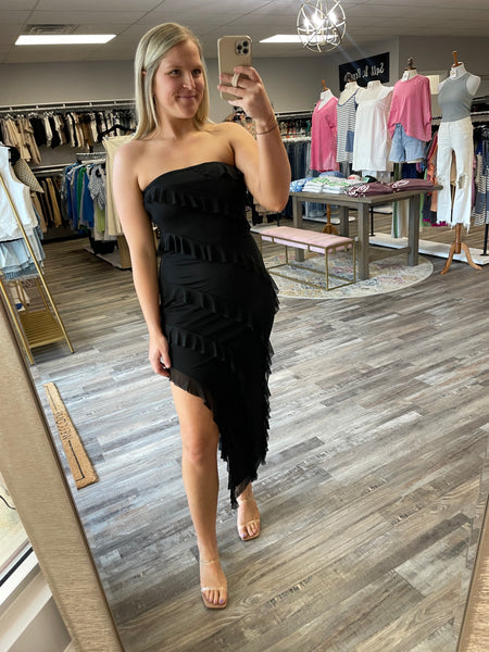 Strapless Frill Fitted Midi Dress - Black