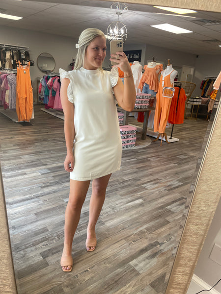 High Neck Ruffle Sleeve Dress - White