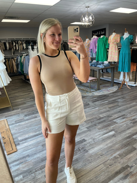 Line Detail Round Neck Bodysuit - Taupe