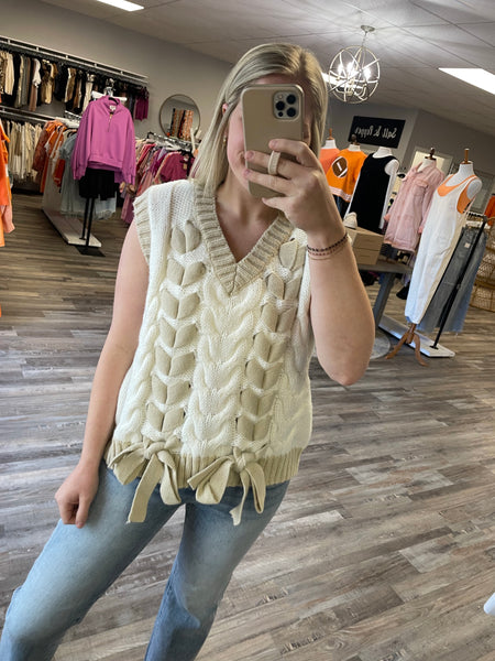 Lace Up Detail Sweater Vest - White/Taupe