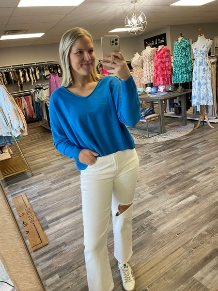 V-Neck Seam Detail Sweater - Azure Blue