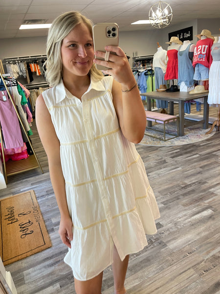 Tiered Trim Detail Collared Dress - White/Tan
