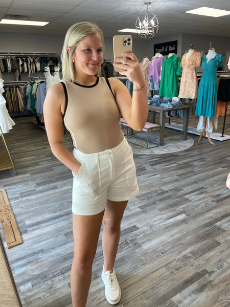 Line Detail Round Neck Bodysuit - Taupe