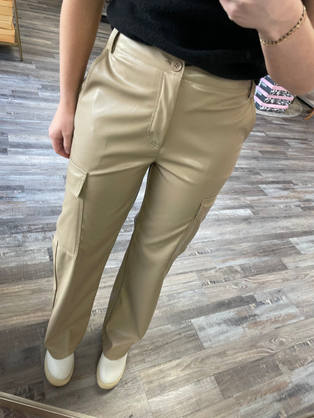Leather Cargo Pants - Taupe