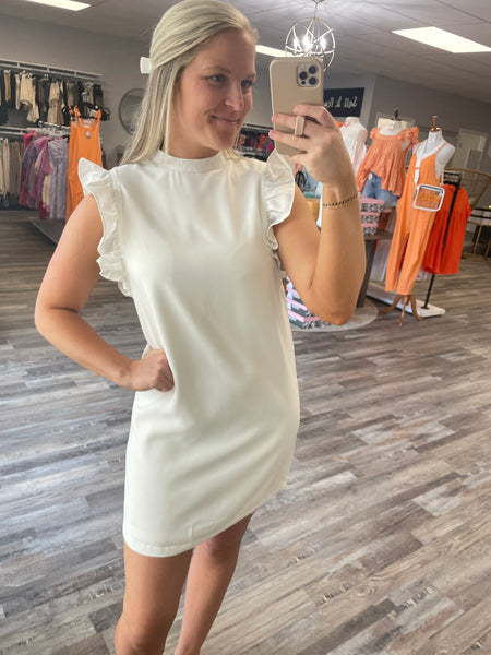 High Neck Ruffle Sleeve Dress - White