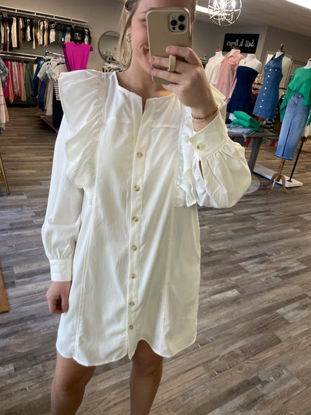 Button Up Ruffle Detail Dress - White
