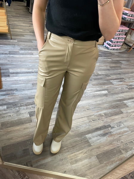 Leather Cargo Pants - Taupe