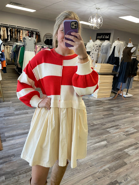 Striped Sweater Twofer Dress - Red/Ivory