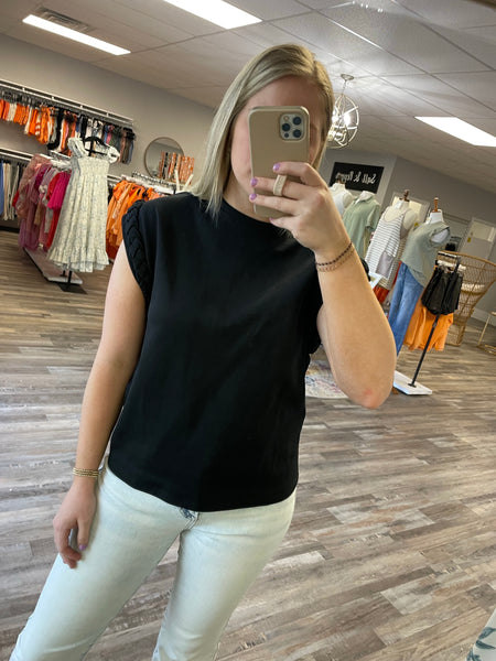 Braided Detail Cap Sleeve Top - Black