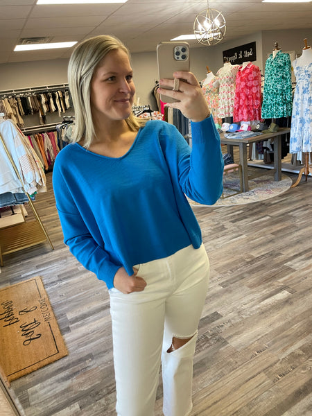 V-Neck Seam Detail Sweater - Azure Blue