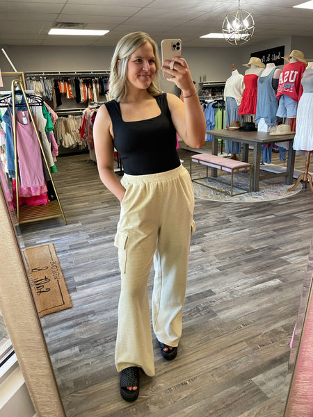 Terry & Gauze Mix Cargo Pants - Taupe