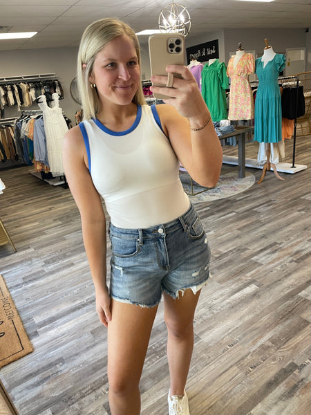 Round Neck Ribbed Color Block Bodysuit - White/Blue