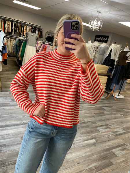 Striped Knit Sweater - Tomato