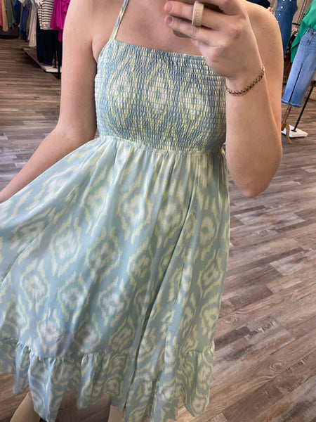 Abstract Print Midi Dress - Sage/Lemon